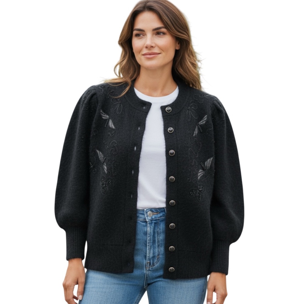 Salvatore Vintage Black Lambswool Angora Beaded Cardigan Sweater Embellished EUC